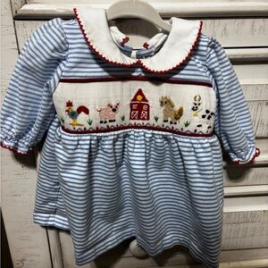 Striped Blue and White Kids Dress with Farm Embroidery